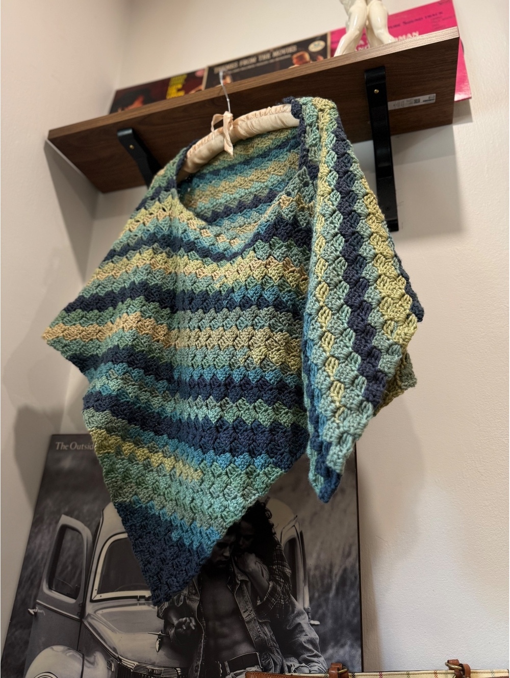 Handmade Crochet Shawl Wrap in Blue and Green Stripes Pastel One size